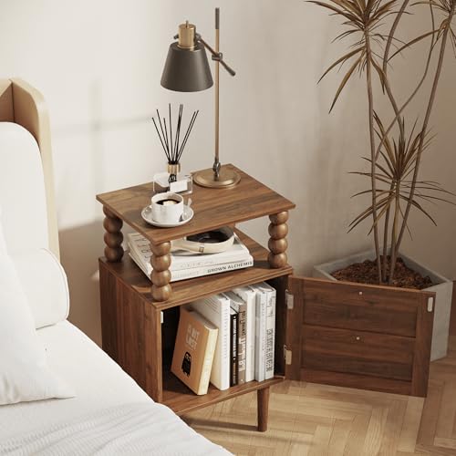 Image of Veegle Nightstand,Retro Bedside Table with Storage Drawer,Dark Walnut