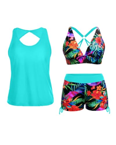 Image of Yonique 3 Piece Tankini Swimsuits for Women Swim Tank Top Bathing Suits with Boy Shorts and Bra Athletic Swimwear