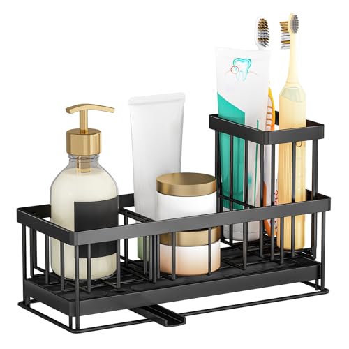 TidyTrove Organizador Fregadero, Organizador Fregadero Cocina con Soporte Extraíble para Esponjas y Cepillos, Soporte Estropajo Fregadero con Bandeja Autodrenante para Encimeras de Cocina (Negras)