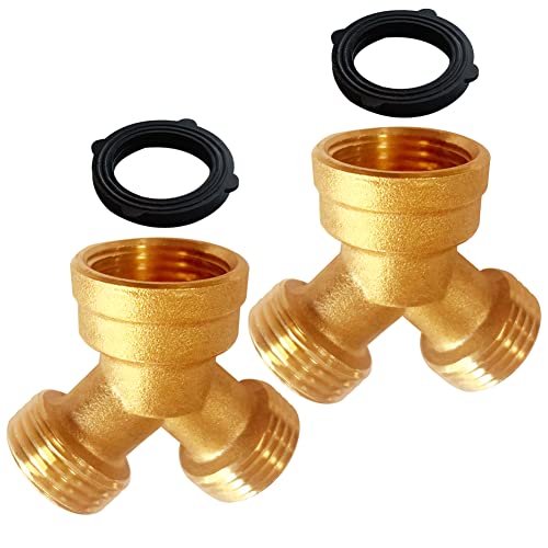 Uenede 2Pcs Garden Hose Splitter Brass 3/4" Ght Thread Heavy Duty 2 Way Y Connector With Washers Garden Hose Adapter For Backyard Water Tap, Outlet, & Spigot #TOP4
