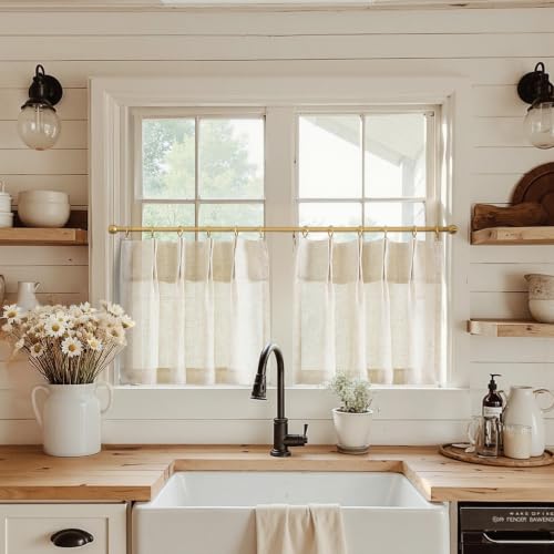 jinchan Linen Pinch Pleated Back Tab Tier Curtains 26x24 2 Panels Natural