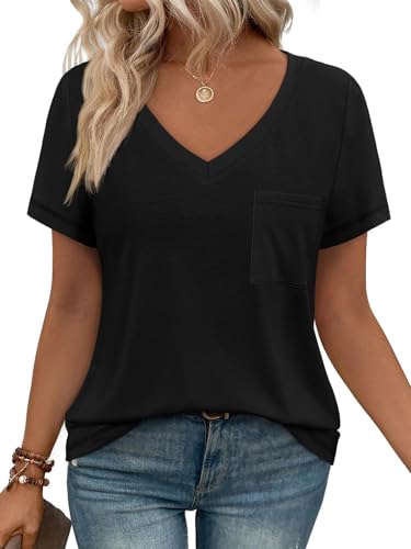 Dhigali Womens T Shirts Short Sleeve V Neck Tops with Pockets Summer Fashion Trendy Soft Casual Comfy Outfits Clothes 2025 Black