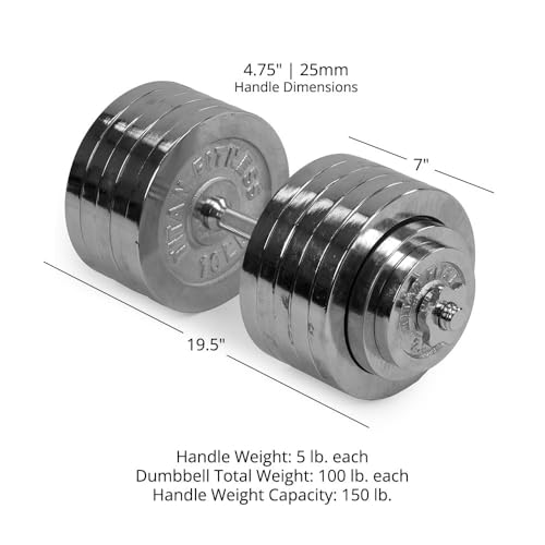 Image of Titan Fitness 200 LB Adjustable Chrome Dumbbell Set, Pair of 100 LB Dumbbells, Durable Chrome Plates, Medium Knurl Grip Handles, Includes Four Star Collars, Space-Saving Home Gym Equipment