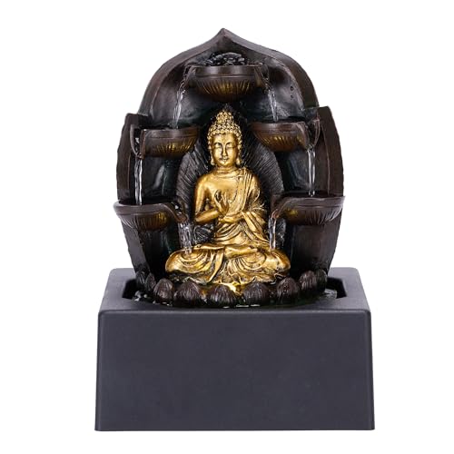 TERESA'S COLLECTIONS Tabletop Water Fountain Outdoor for Home Decor, Gold Buddha Statue with LED Light and Pump for Living Room Decor, Waterfall Fountain Indoor Zen Home Decor Dad Gifts for Men 13.2