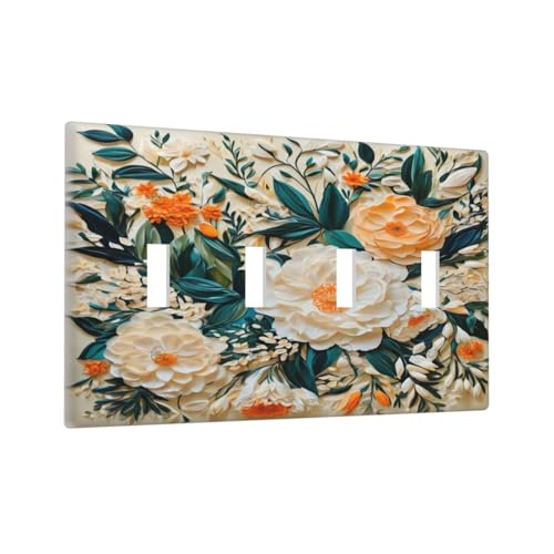 Decorative Switch Covers Plate Rustic Big Flowers Abstract Floral 4 Gang Wall Plate Oversized Quad Toggle Light Switch Plate Jumbo Faceplate for Country Bedroom Home Decor