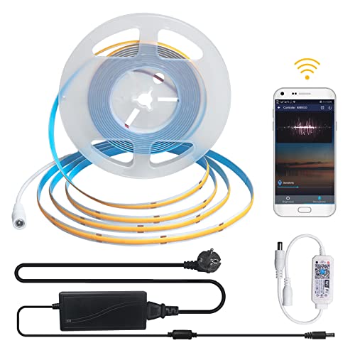 5 M Wi-Fi regulable, COB blanco cálido, 3000 K, flexible, alta densidad, con regulador y fuente de alimentación, 2560 LEDs 12 W/M DC12 V, cinta de luz LED para dormitorio, cocina, decoración del hogar Cover