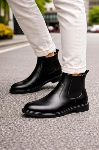 Image of Zurefa Men Genuine Leather Chelsea Boots Matte Black Slip-On Ankle Boots Cushioned Insole Anti-Slip rubber Sole Casual Formal Office Boots for Men (Model ZF-101)
