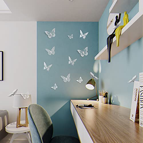 Image of SAOROPEB 3D Butterfly Wall Decor, 48 Pcs 4 Styles 3 Sizes, Removable Metallic Wall Sticker Room Mural Decals for Kids Bedroom Nursery Classroom Party Decoration Wedding Decor DIY Gift (Sliver) | 4 Styles 3 Sizes, Removable Metallic Wall Sticker Mural Decals for Kids Bedroom Nursery Classroom Party Decoration Wedding