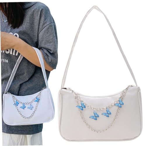 Shoulder Bag for Women Leather White Purse Large Capacity Minimalist Y2k Shoulder Bag with Butterfly Chain Soft Breathable Easy Matching Bags for Women for4