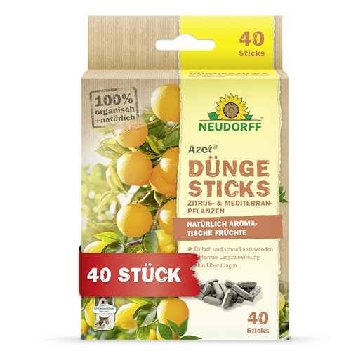 Neudorff Azet DüngeSticks für Zitrus- und Mediterranpflanzen – Bio Zitrusdünger sorgt für leckere Früchte und kräftig grüne Blätter, 40 Stück, Braun