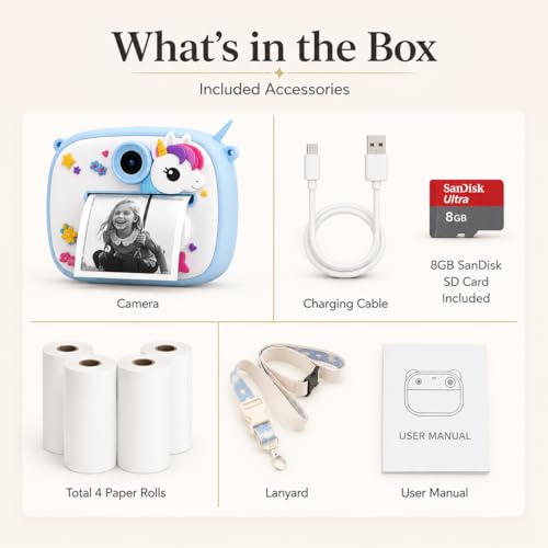 Image of Instant Print Camera 48MP | Photo & Video, Creative Game for Kids Mini LED Digital 1080P HD Display | Long Lasting Battery Life, Ideal Gift for Birthday, Boys & Girls (4 Rolls + 8GB SD Card)