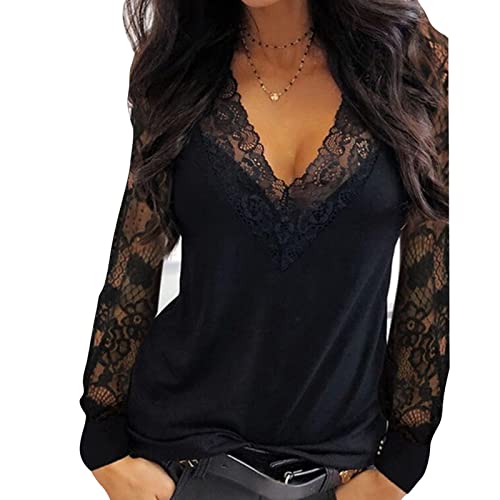 OEAK Blusa de encaje para mujer, sexy, cuello en V, manga larga, ajustada, de un solo color, patchwork, con flores, elegante, túnica, Negro , XXL Cover