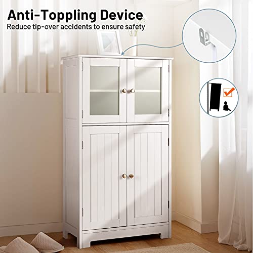Tangkula Bathroom Floor Cabinet, Freestanding Storage Cabinet W/Glass Doors, Wooden Kitchen Cupboard W/Adjustable Shelf, Bathroom Storage Cabinet For Hallway Living Room Office (Cabinets, White) #TOP5
