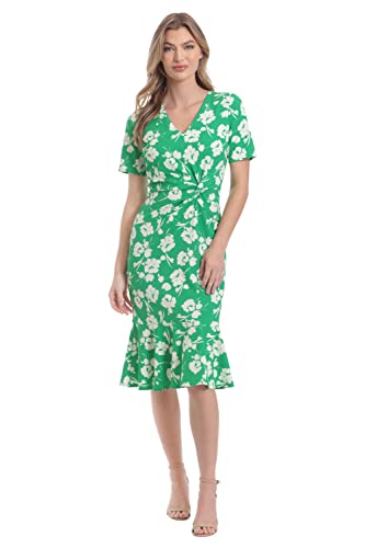 Image of London Times Women's V-Neck Dress - Flounce Hem, Twist Waist, Elegant Office & Event Wear