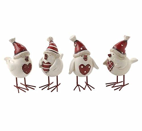 Image of Shabby Chic Resin Bird Figurines with Hat and Christmas Heart Red Set of 4