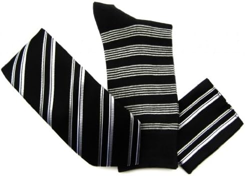 StylishMan Men's Silver Black Stripe Silk Tie, Socks & Hanky Set
