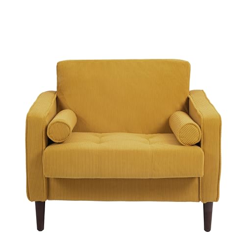 Image of Accent Chair, Corduroy Upholstered Arm Chairs for Living Room, Comfy Armchair Mid-Century Track Armrest Single Sofa Bedroom Reading Seat with 2 Bolster Pillows - Yellow, Set of 1