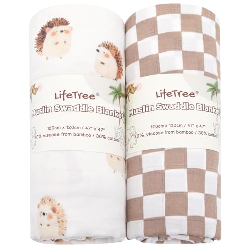Image of LifeTree Baby Swaddle Blankets, Boys Girls Muslin Swaddling Wrap Receiving Blanket for Newborn, 70% Viscose from Bamboo and 30% Cotton, Large 47" x 47", Hedgehog and Checkered