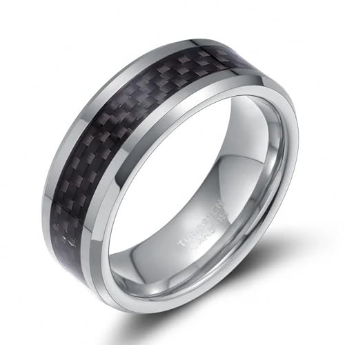Anillo de compromiso de fibra de carbono negro y tungsteno para el hombre moderno diario