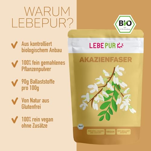 Lebepur BIO Akazienfasern vegan 125g, 90% Ballaststoffe, geschmacks- und geruchsneutral, Akazienfaser Pulver, glutenfrei, ohne Zusatzstoffe, hoher Ballaststoffgehalt mit 90g pro 100g
