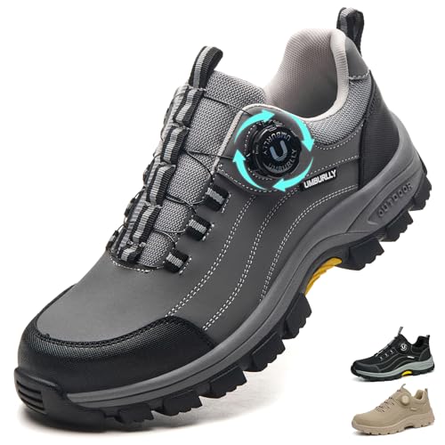 NBOFIEHY Sicherheitsschuhe Herren Leicht Arbeitsschuhe mit Stahlkappe Damen Stahlkappenschuhe rutschfest Atmungsaktiv Arbeitsschutzschuhe mit Drehknopf, Grau, 40 EU