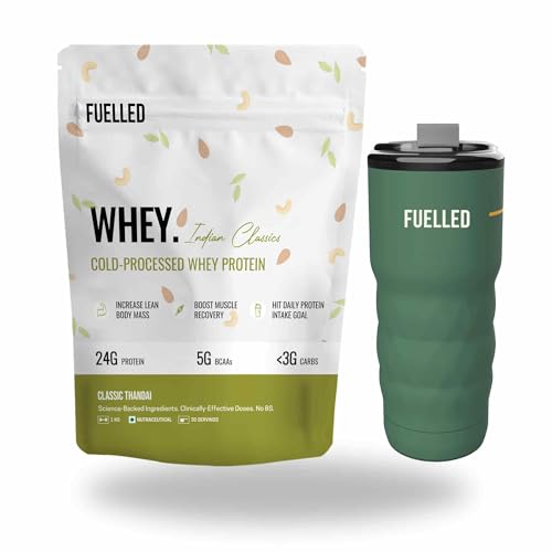 Image of Fuelled Whey Protein Powder Concentrate & Isolate with 24 g Protein, 5 g BCAA (4 kg, 120 Servings) Lab Tested with Premium Metallic Shaker (Classic Thandai)