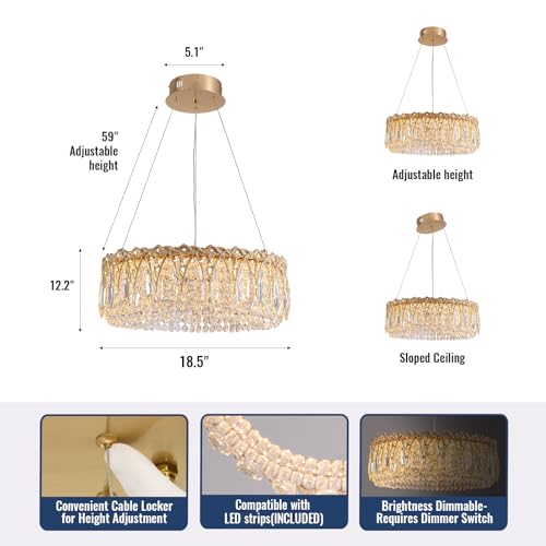 19 Inch Gold Crystal Chandelier for Dining Room - Modern Round LED Ceiling Light with K9 Crystals, Luxury Lighting for Foyer, Kitchen Island & Bedroom