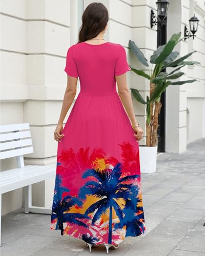 Image of COSSEN Women's Crew Neck Short Sleeve Maxi Dress with Pockets Casual Loose Swing for Wedding Guest Beach Vacation