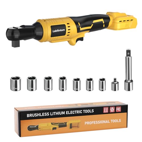 3/8" Cordless Ratchet Wrench, Compatible with DEWALT 20V Battery, 74Ft-Lbs (100Nm) High Torque Brushless Electric Ratchet with Variable Speed, 1/2" & 1/4" Adapters, 3" Extension Bar (Tool Only) by Labfintom - Used condition - CA$59.15