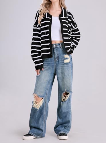 Image of chouyatou Women's Button Down Striped Cardigan Sweater Polo Collar Open Front Knit Jacket 2024 Fall Outfits