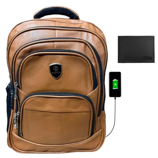 Mochila Masculina Couro Reforçada Bolsa Notebook Impermeável Executiva com USB e carteira de couro legítimo (CARAMELO)