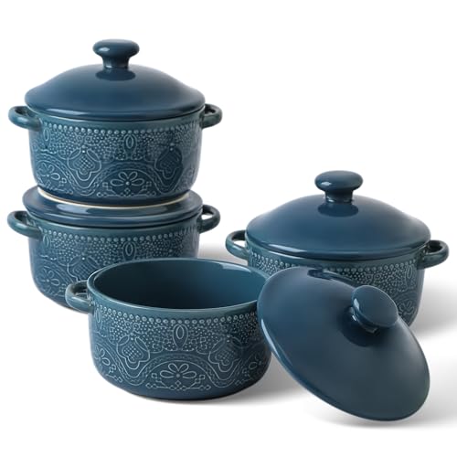 Mini Cocotte Set, 10 OZ Small Casserole Dishes with Lids, Ceramic Kitchen Casserole Sets With Handles, French Onion Soup Bowls, Soup Crocks for French Onion, Desserts, Beef Stew, Cereal, Pot Pies, Set of 4 (Blue)