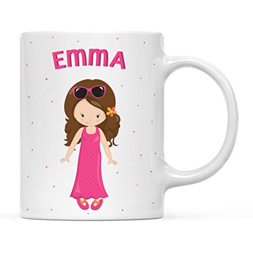 Andaz Press Personalized 11oz. Kids Milk Hot Chocolate Mug, Brown Haired Girl with Pink Glasses 2, 1-Pack, Custom Child’s Birthday Christmas Coffee Cup