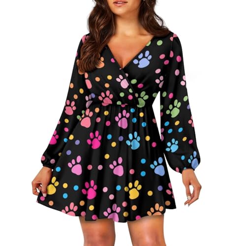HELLHERO Dog Paw Print Dress for Women A-Line Mini Dress Long Sleeve V Neck Shorts Dresses Beach Midi Dress Swing Swing Skater Dresses Summer Outfit Holiday Wedding Birthday L