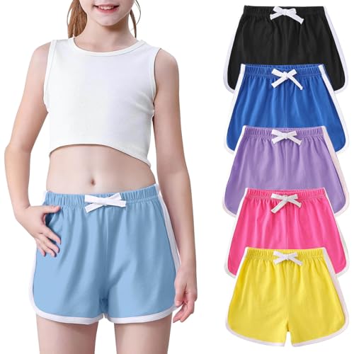 Girls Summer Cotton Dophin Shorts 5-Pack Comfy Elastic Waist Loose Colorblock Boys Running Shorts for Toddler 1-11 Years