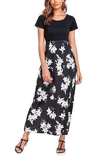 Lacavocor Womens Short Sleeve Maxi Dresses Empire Waist Long Dress, X-Large, Lily Flower