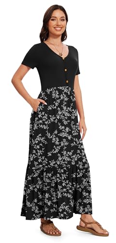 Image of VIISHOW Women's Short Sleeve Maxi Dress 2026 Summer V Neck Knit Loose Plain Empire Waist Casual Dresses with Pockets