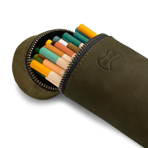 Image of Hide & Play, Pencil-Shaped Case for Pens, Pencils, Markers, and Office Accessories, Zippered Bag, Pen Storage, Full Grain Leather, Handmade (Dark Jade)
