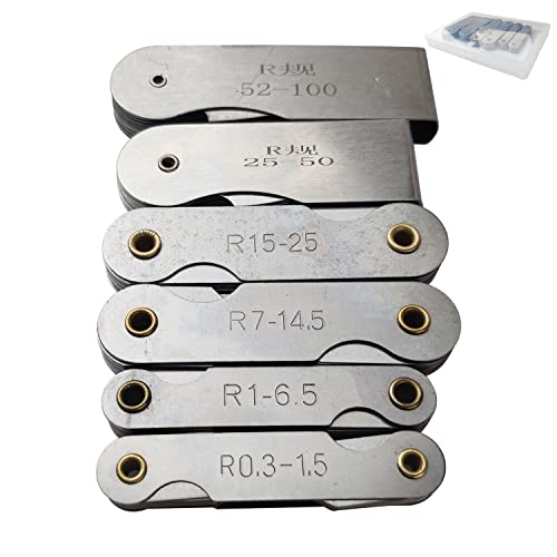 JENSWILL 6 Pack R0.3-1.5/ R1-6.5/ R7-14.5/ R15-25/ R25-50/ R52-100 Radius Gauge Set, Stainless Steel Radius Fillet Gage Portable Concave Convex Measuring Tool for Tool and Die Makers Check