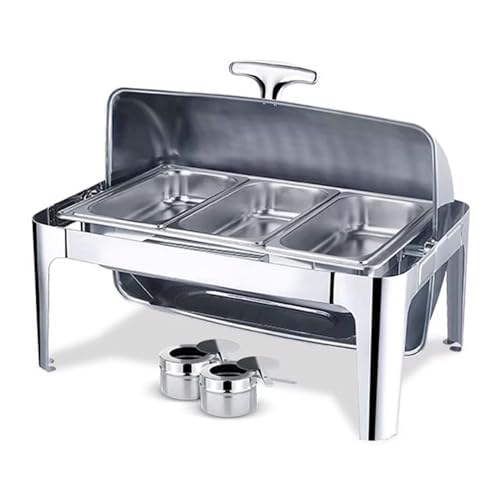 Juego de platos de acero inoxidable, calentador de alimentos y bandeja para servir, diseño de 2 rejillas para fiestas y bodas, incluye recipientes para condimentos, 6,5 cm
