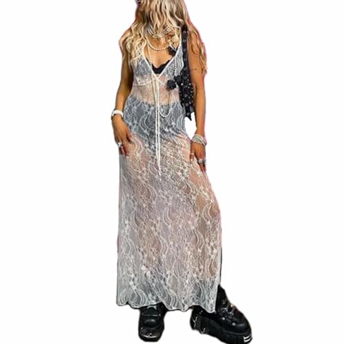 Strandkleid für Damen, Sommer, transparent, langes Kleid, Spitze, ohne Ärmel, Bikini-Abdeckung und Sarongs, weiß, S