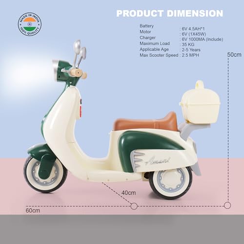 Image of Little Rides Lambretta Scooter | Rechargeable Battery Operated Ride-On Bike for Kids | Ages 2 to 5 Years | Premium Ride-On Toy Bike for Toddlers - Children - (Green)