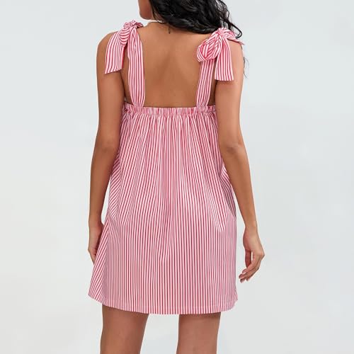 Image of Women Floral Tie Shoulder Mini Dress Cute Square Neck Loose Fit Beach Short Dress Backless Boho Vocation Sundress
