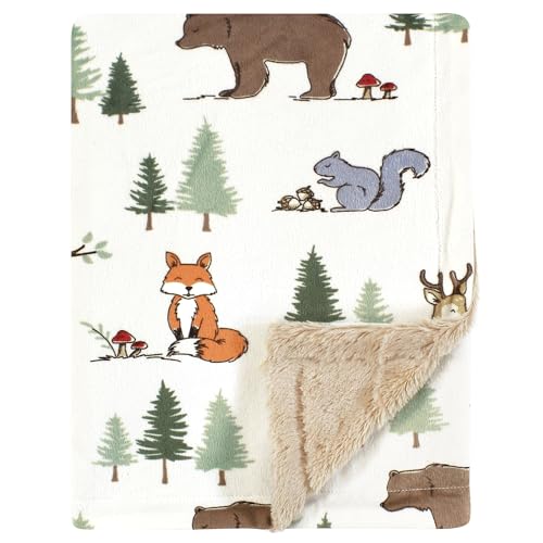 Hudson Baby Infant Boys Plush Blanket with Furry Binding and Back, Forest Animals, One Size