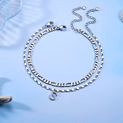 Silver Anklets For Women, Ankle Bracelets For Women Letter K Initial Anklets For Women Girls Dainty Layered Figaro Chain Summer Foot Jewelry Gifts For Women Teen Girls Ankle Bracelet #TOP6