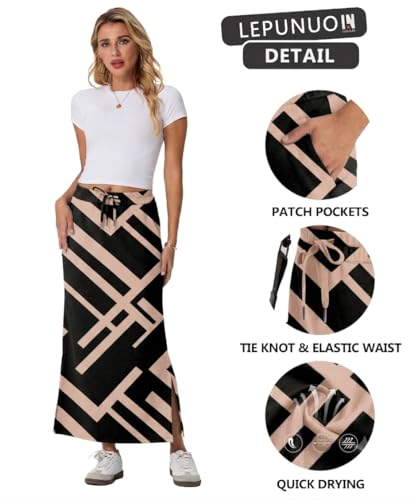 Image of Lepunuo Women's High Waisted Sweat Maxi Skirt with Pockets Slit | Ultra Soft Sweat Fabric, High Waist Drawstring, Deep Phone Pockets, Side Slit for Movement, Ideal for Lounge Travel