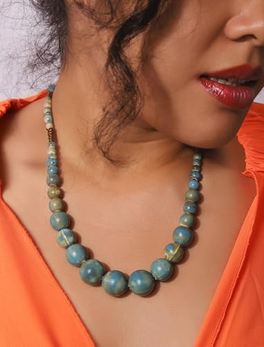 MINACHI Blue Ceramic Round Bead Necklace, Retro Boho Long Necklace for Women3