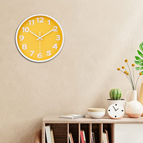 10 Inch Yellow Modern Wall Clock Silent Non-Ticking Battery Operated Wall Clocks For Home Office School Decor,3D Numbers Easy To Read #TOP5