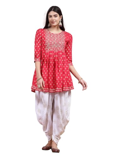 Image of Stylum Women's Printed & Embroidered Rayon A-Line Kurti With Dhoti Pant