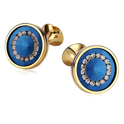 KnSam Gemelos para hombre de acero inoxidable Royal Redondo Cristal Cufflinks Set de regalo de alta calidad para hombre para boda, compromiso, día de San Valentín, aniversario, oro azul, Acero